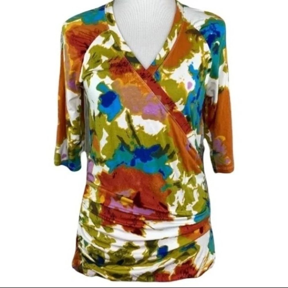 Medium Cabi GUC Floral Watercolor Crossover Faux Wrap Knit Blouse Style # 309